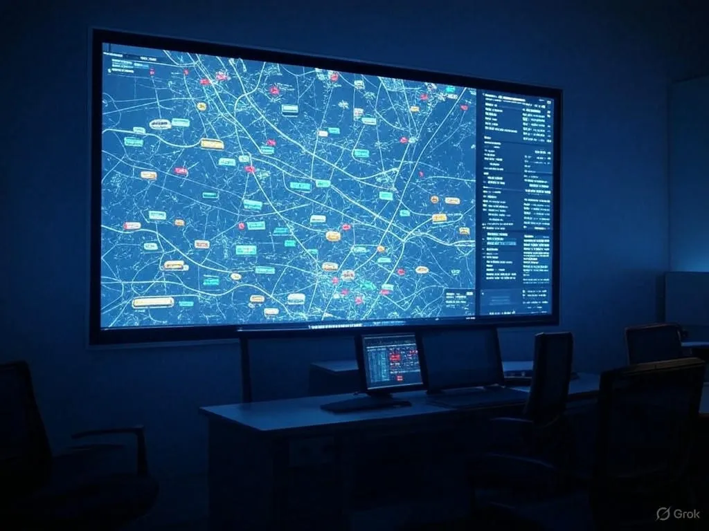 Vehicle tracking control room with a live map on a wall display