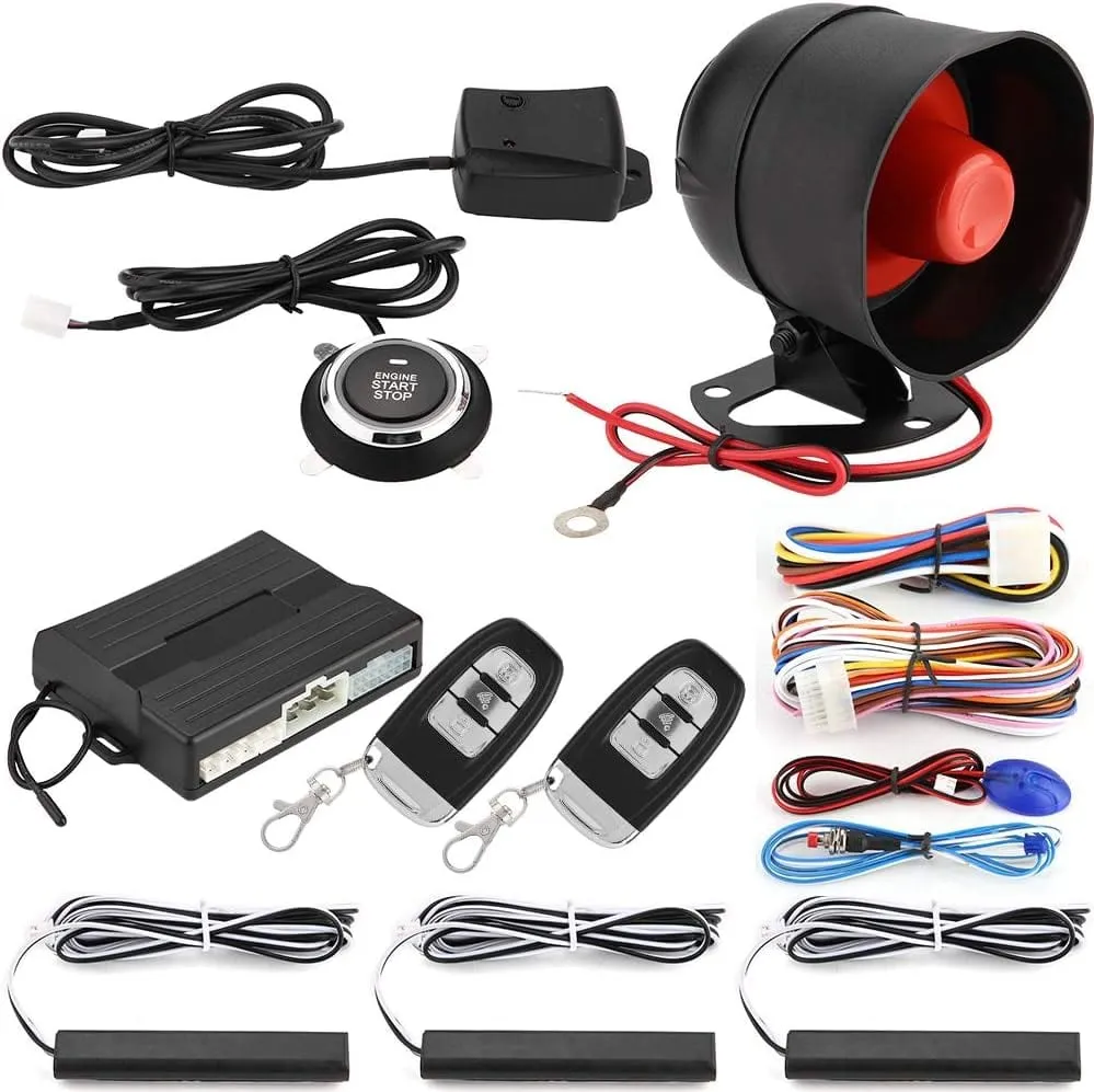 Vehicle alarm kit with siren, control unit and remote keys